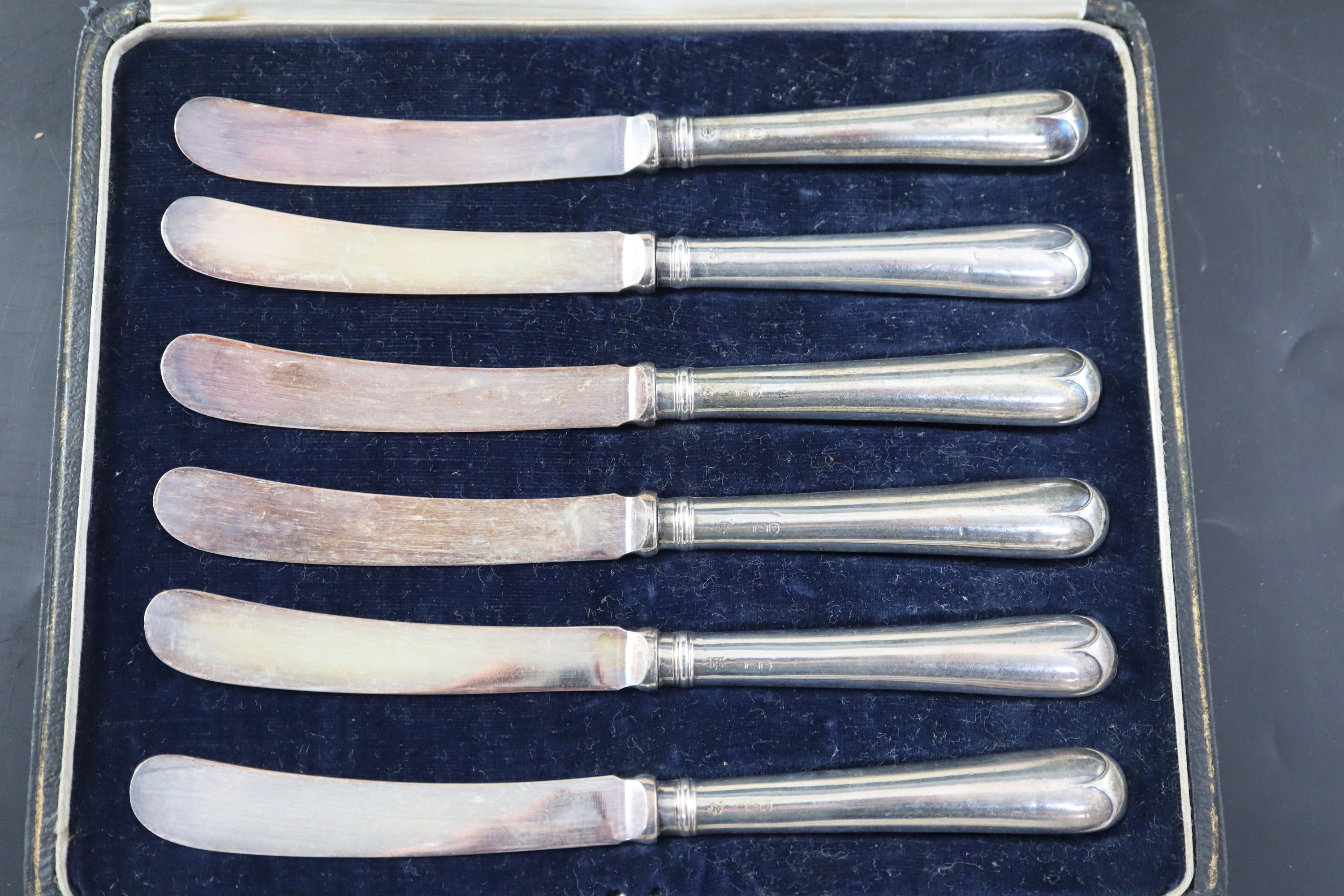 A cased set of six George V silver handled tea knives,